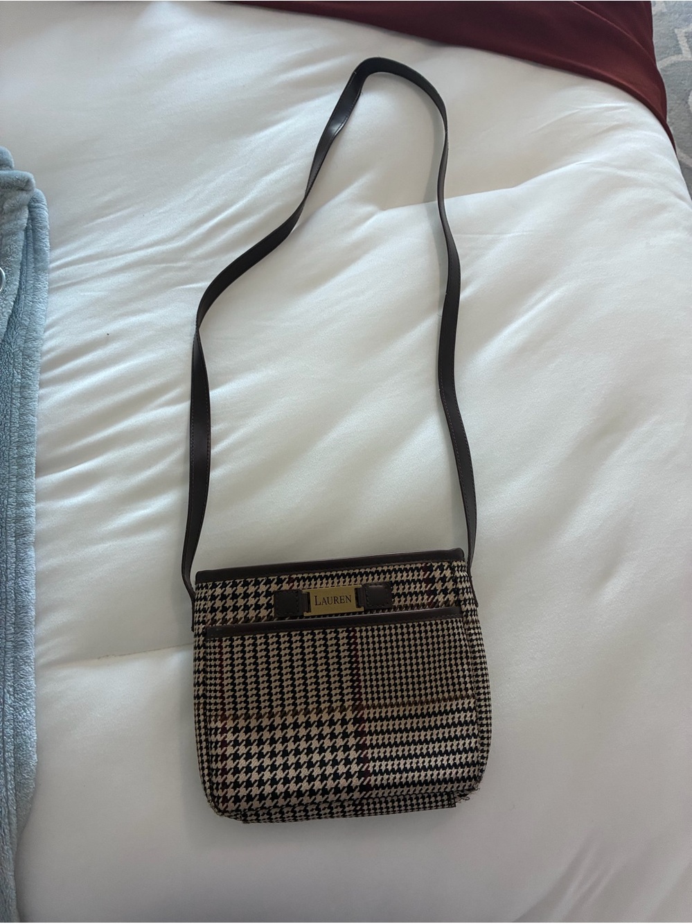 Lauren Ralph Lauren Glen Plaid Houndstooth Crossbody Bag Brown Leather